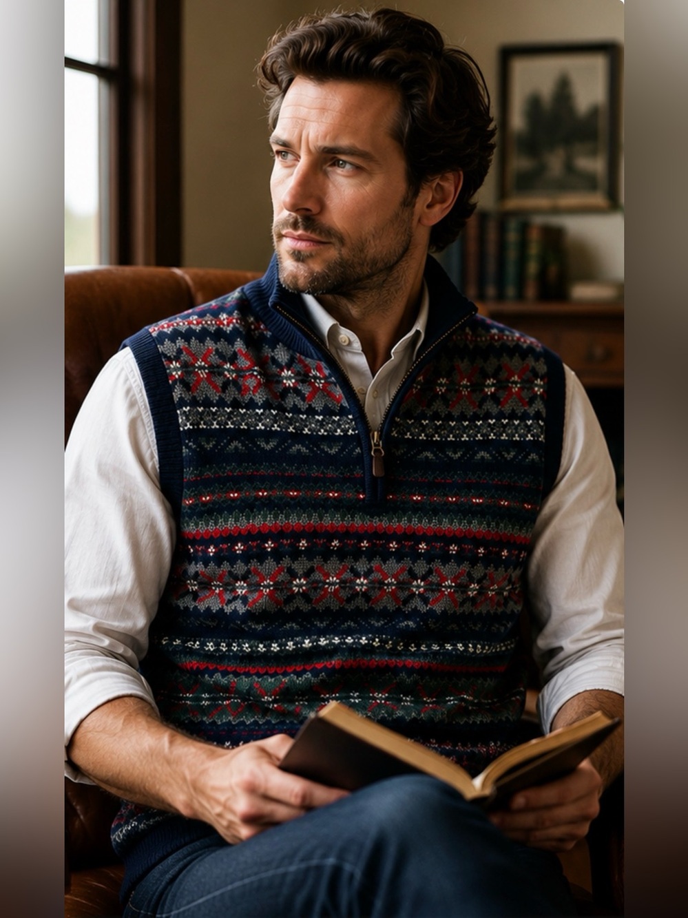 Fairway and Greene 100% merino wool Fair Isle Half Zip Sweater Vest Mens Large
